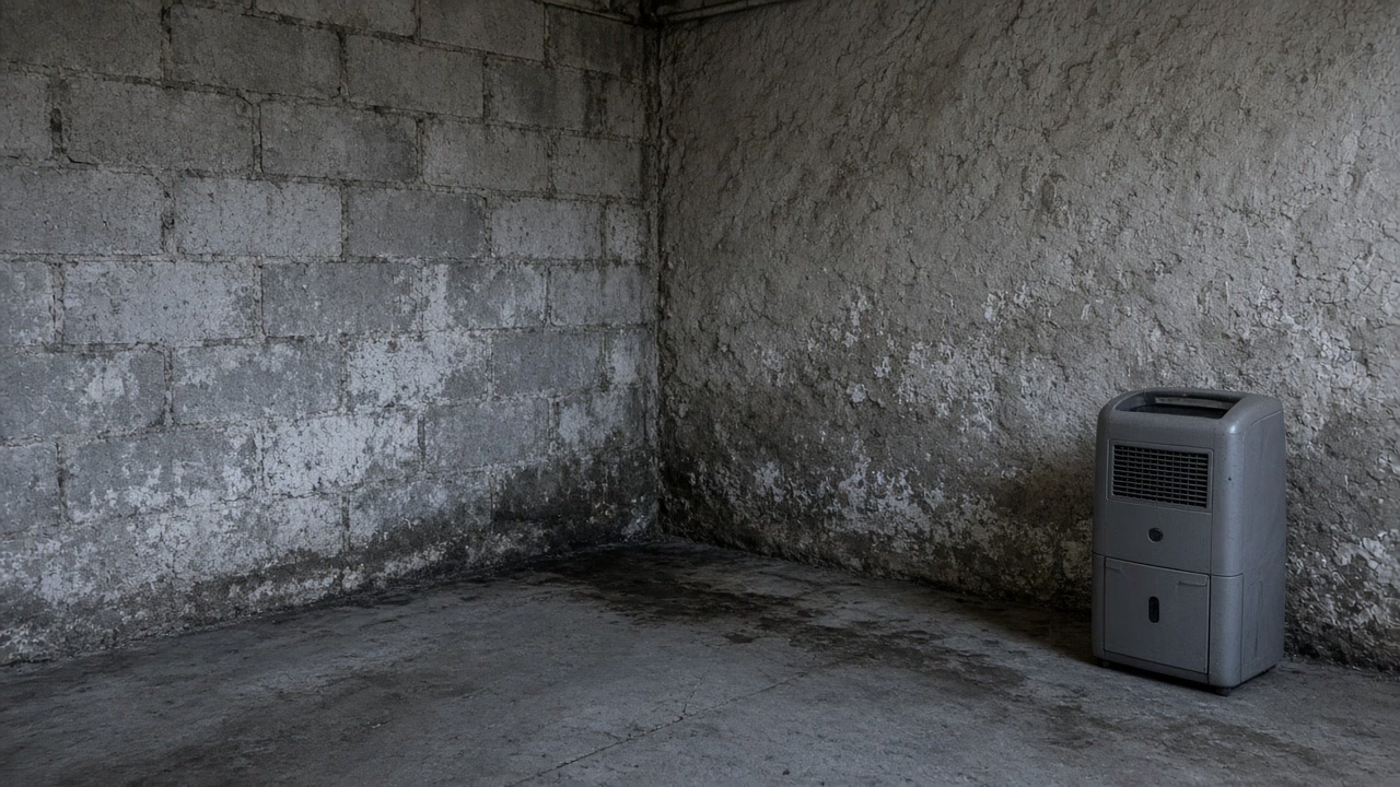 Damp basement corner of block and plaster with a portable dehumidifier on stained concrete