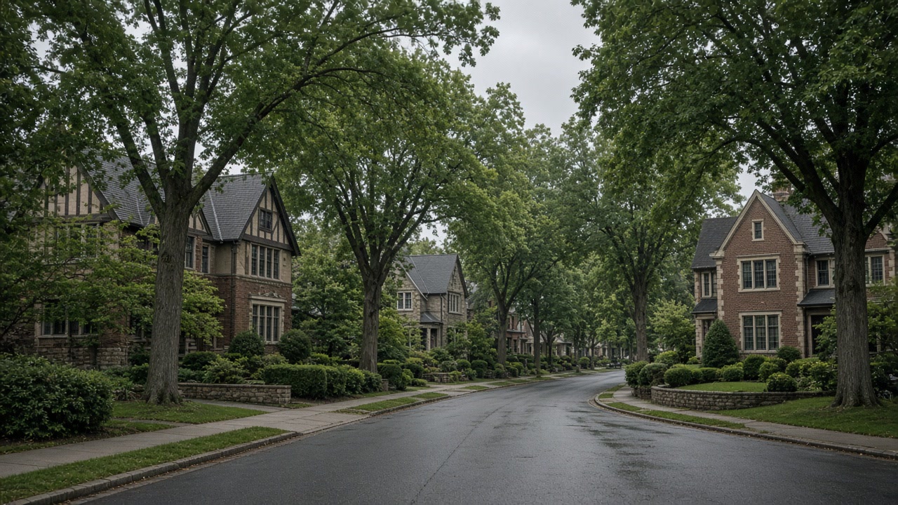 Wet leafy Westchester street of Tudor brick homes and stone walls under an overcast sky